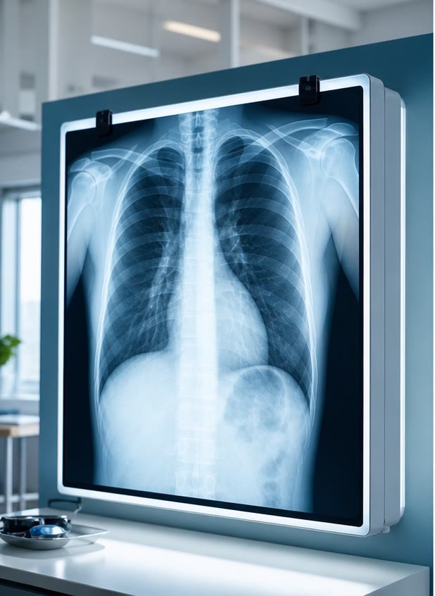 Chest X-ray displayed on a diagnostic light screen